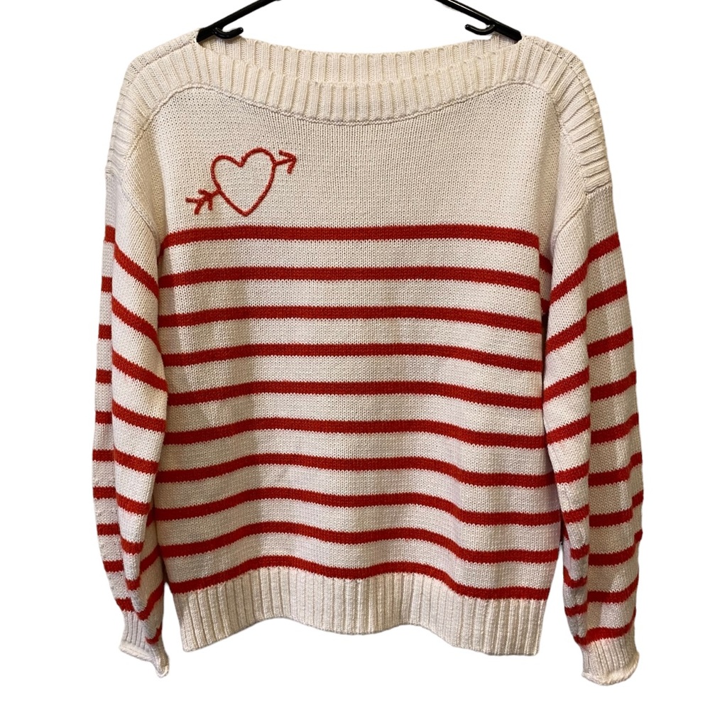 Loft Red and White Striped Heart Stitch Sweater Size Petite Small